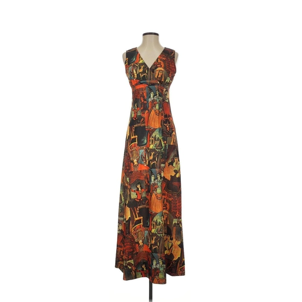 Vintage 70s Persian Art novelty Print Maxi Dress Graphic print S 8 - Picture 2 of 9